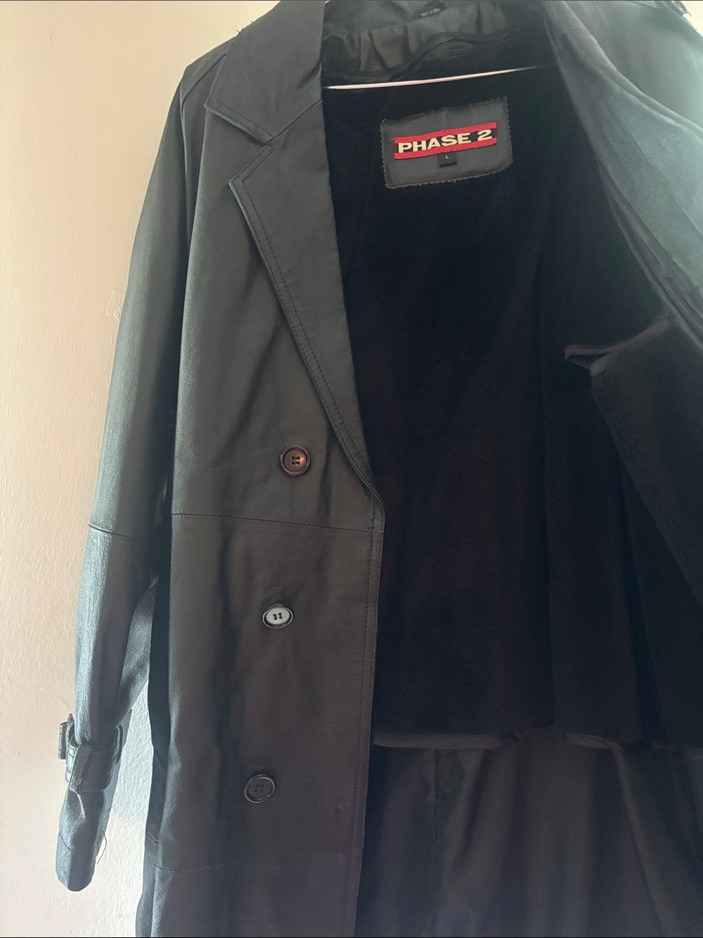Vintage Phase Two Black Leather Trench Coat Full Length Duster Jacket 90s Matrix